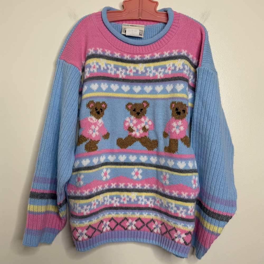 Vintage 80s 90s Basic Editions Pastel Kawaii Fairy Kei Teddy Bear Sweater 7/8